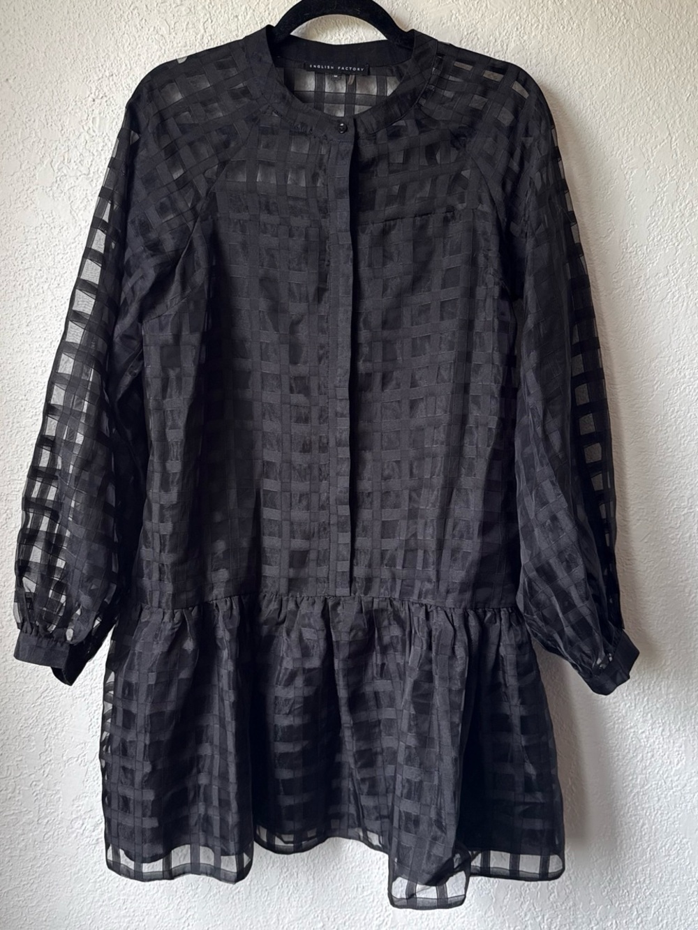 English Factory Black Checkered Sheer Long-Sleeve Drop Waist Dress